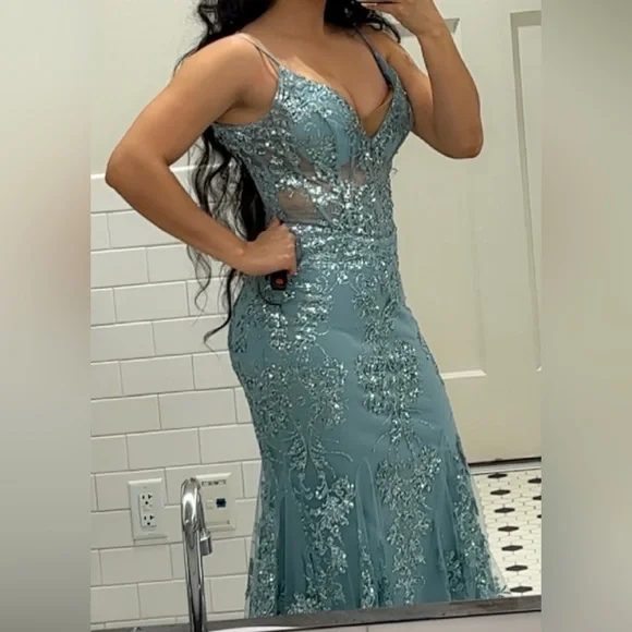 formal plus size christmas dress Long Sleeve Dusty Blue Wedding Dresses With Slit V Neck Velvet Rustic –  SheerGirl main image 1